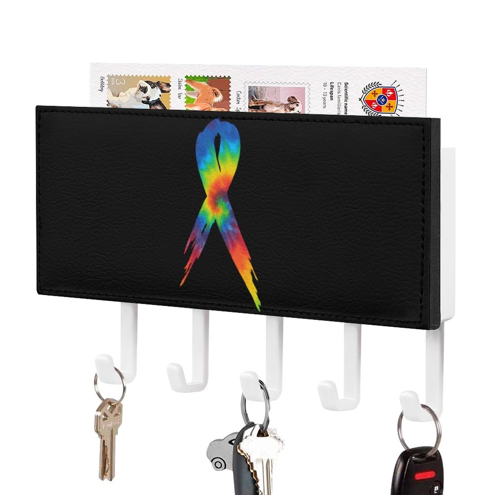 NCLQVJXZKHW Tie Dye Breast Cancer Key Holder with 5 Hooks Key Hooks Wall Mounted Key Racks Key Hanger Organiser Shelf