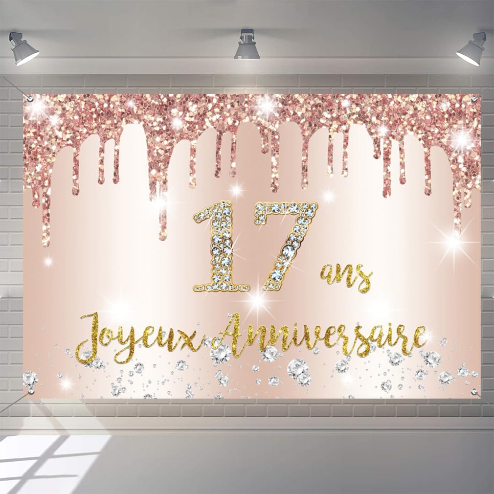 17ème Anniversaire Fille Décoration Happy 17 Birthday Or Rose Tissu Panneau Affiche Décoration De Porte Bannière De Fond 17e Anniversaire Bannière Fête D'anniversaire Décoration