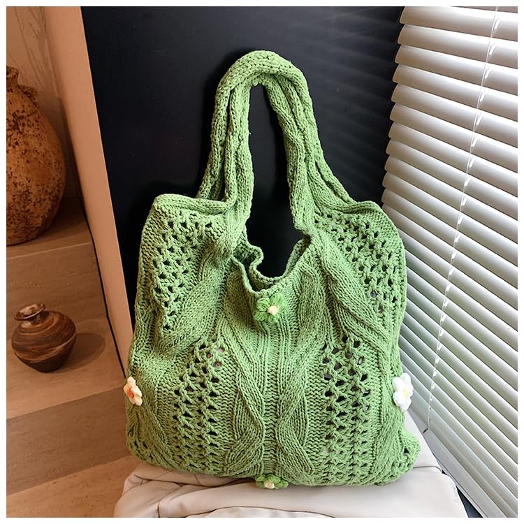 Women Wool Knitting Shoulder Bag with Flower Knitted Tote Handbag Large Capacity Aesthetic Tote Handbag3