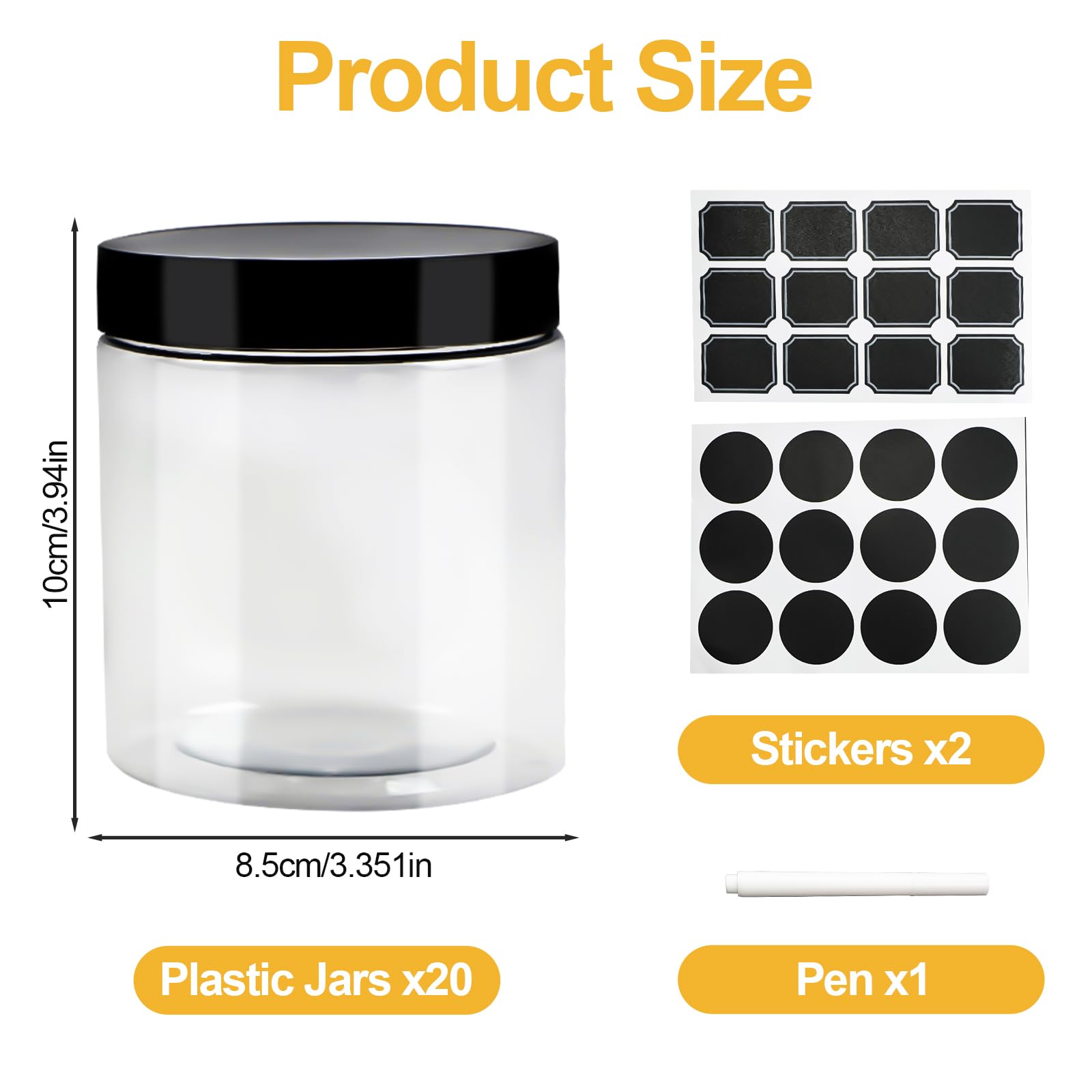 20 barattoli in plastica con coperchio nero, 500 ml, in plastica trasparente con etichette e penne, contenitori rotondi per alimenti da cucina, spezie, snack, condimenti, cereali, liquidi