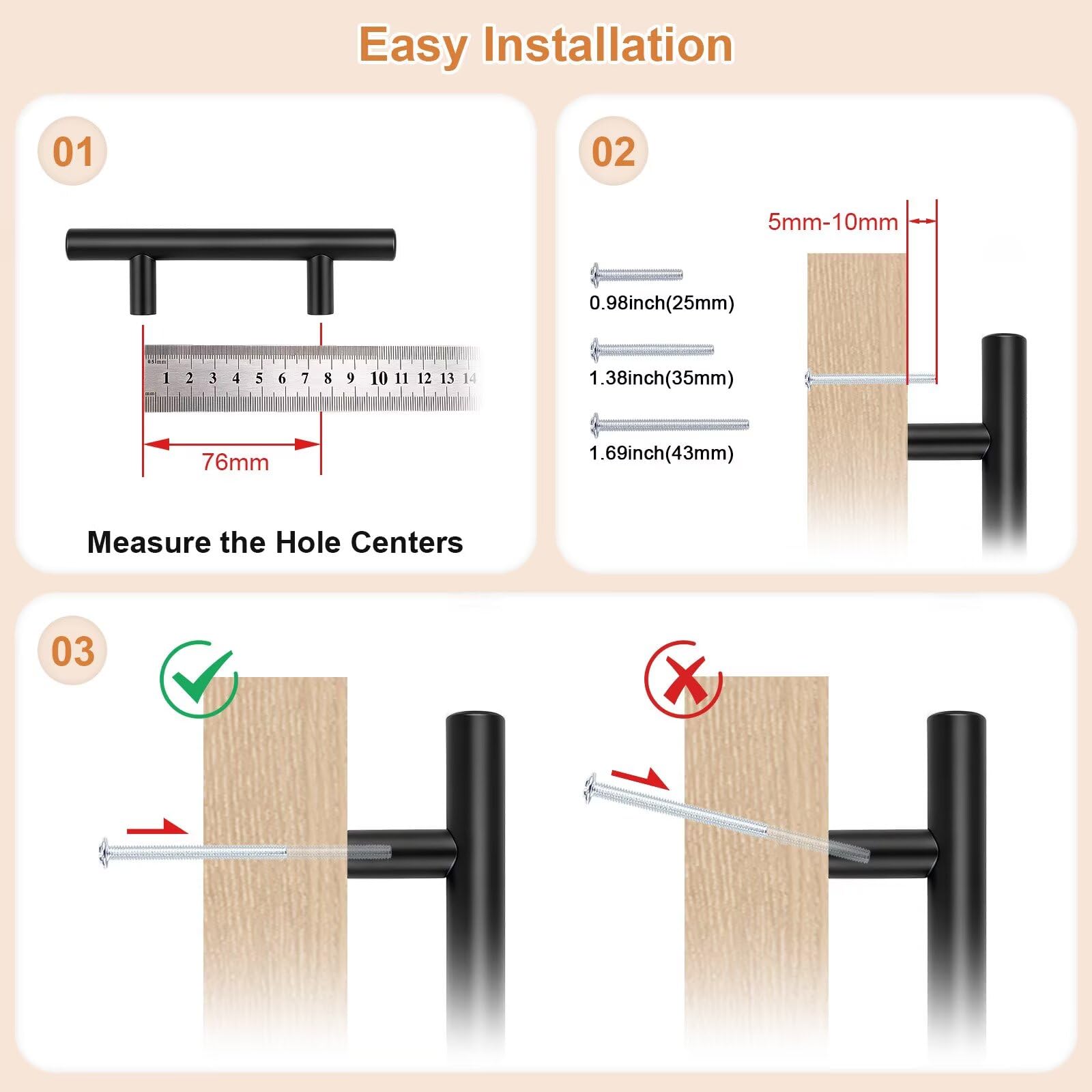 Probrico Black Cabinet Handles & Pulls 3" Hole Centers Round 30 Pack — Amazon image 4