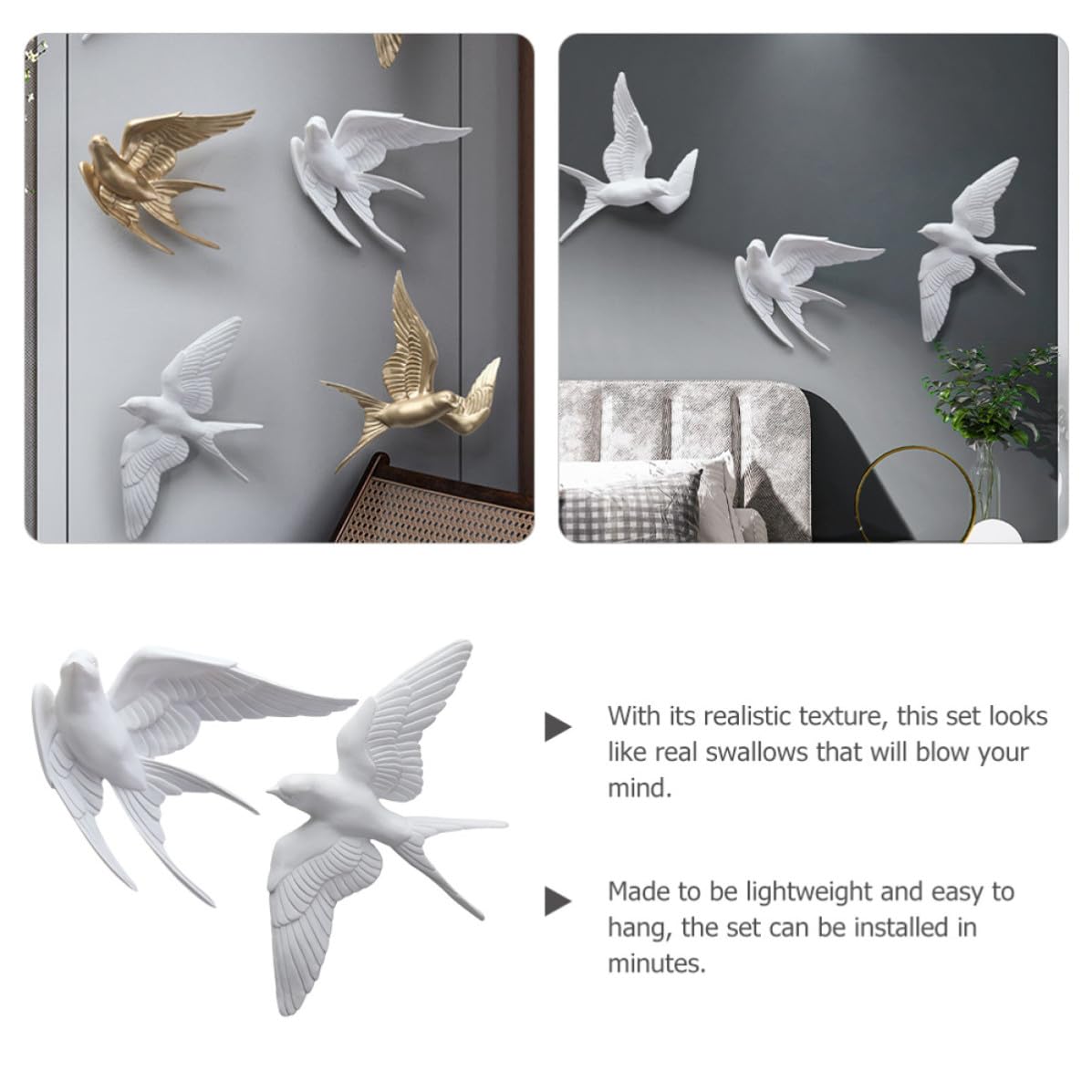 Decorazioni da Muro 2 Uccelli Rondine in Resina Bianca, Texture Realistica e Facile da Pulire, per Decorare Soggiorno o Esterno Design Moderno e Rustico