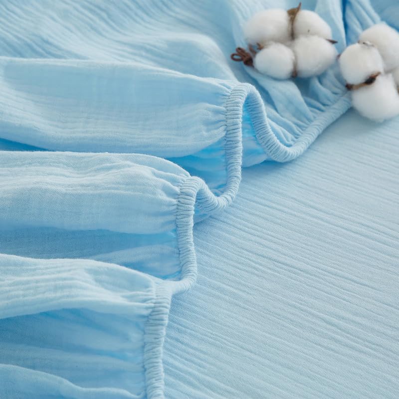Gezu Doppelte Muslin Spannbettlaken 90x200 Blau Hellblau Antibakteriell Weich Spannbetttücher Boxspringbett Frottee Topper 100% Baumwolle Muslin Bettlaken Spannbetttuch 90x200 für bis 30cm Matraze
