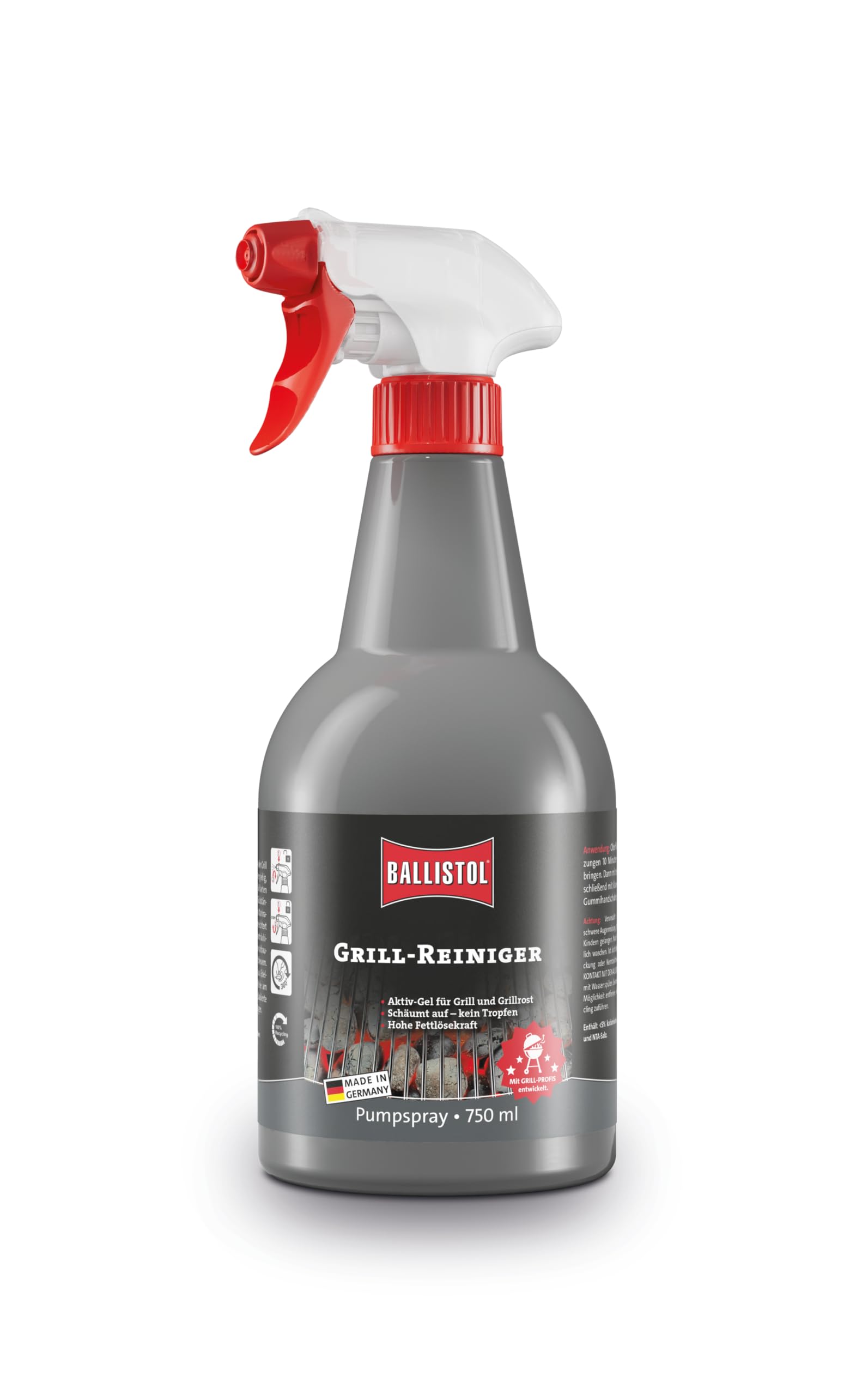 BALLISTOL 25440 Grill-Reiniger 750ml Spray - Aktiv-Schaum BBQ-Reiniger für Rost, Grill, Gasdüsen, Edelstahl, Emaille