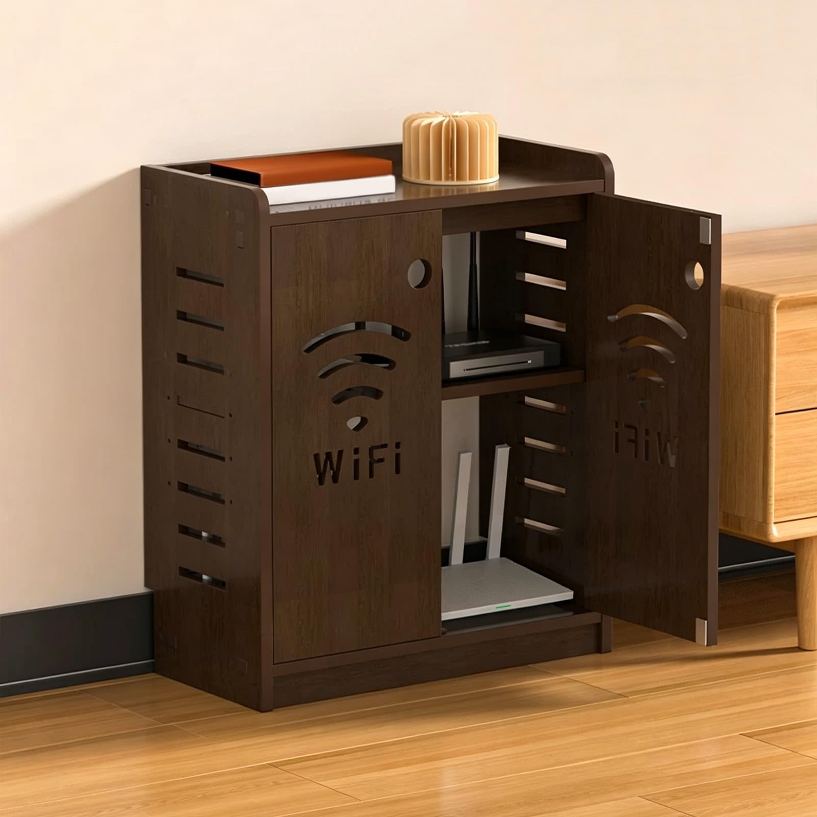 MESCXTY WiFi Router Hidden Box Home Media Storage Cabinet Modem, Power Strip and Cable Management Hider Organizer for Office(Brown B,19.7x23.6x9.8in)