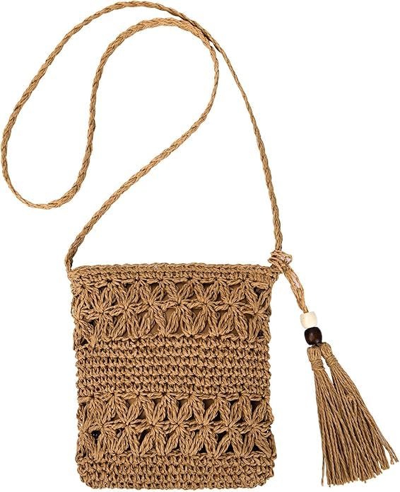 FAINCA Bolso Paja Mujer, Bolso De Estilo Bohemi, Bolsa De Playa Tejido Hecho A Mano, con Borla, Cremallera, Bolsa De Bandolera De Paja, para Viajar Fecha Vacaciones y Uso Diario (Marrón)