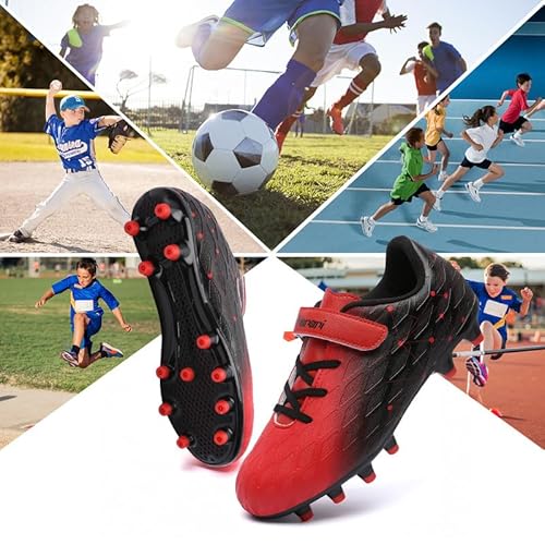 Hanani Kids Soccer Shoes Boys Baseball Cleats Girls Softball Cleat Outdoor & Indoor Firm Ground Youth Football Shoe Anti-Slip Comfortable Flexible Running & Training Unisex Child Black/Red thumb #5