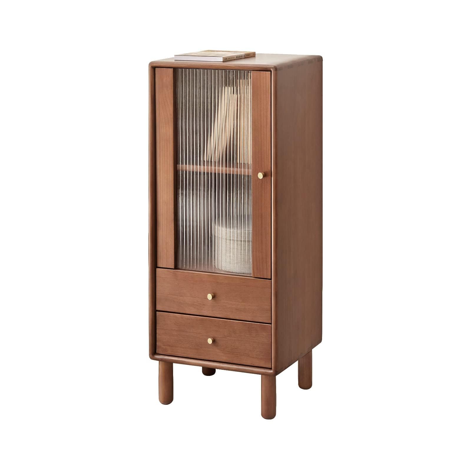 Bamskov Wood Storage Cabinet - Vintage Glass Door, Pine Wood With Shelves, 2 Drawers for Living Room, Kitchen and Hallway (Walnut, 14"D x 15"W x 37"H)