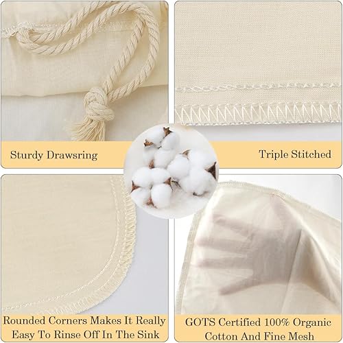 Miniatura 2 de Bolsa de leche de nueces, paños de queso para colar, paquete de 2 bolsas de 12 x 12 pulgadas, 10 x 12 pulgadas, 100% algodón sin blanquear, colador