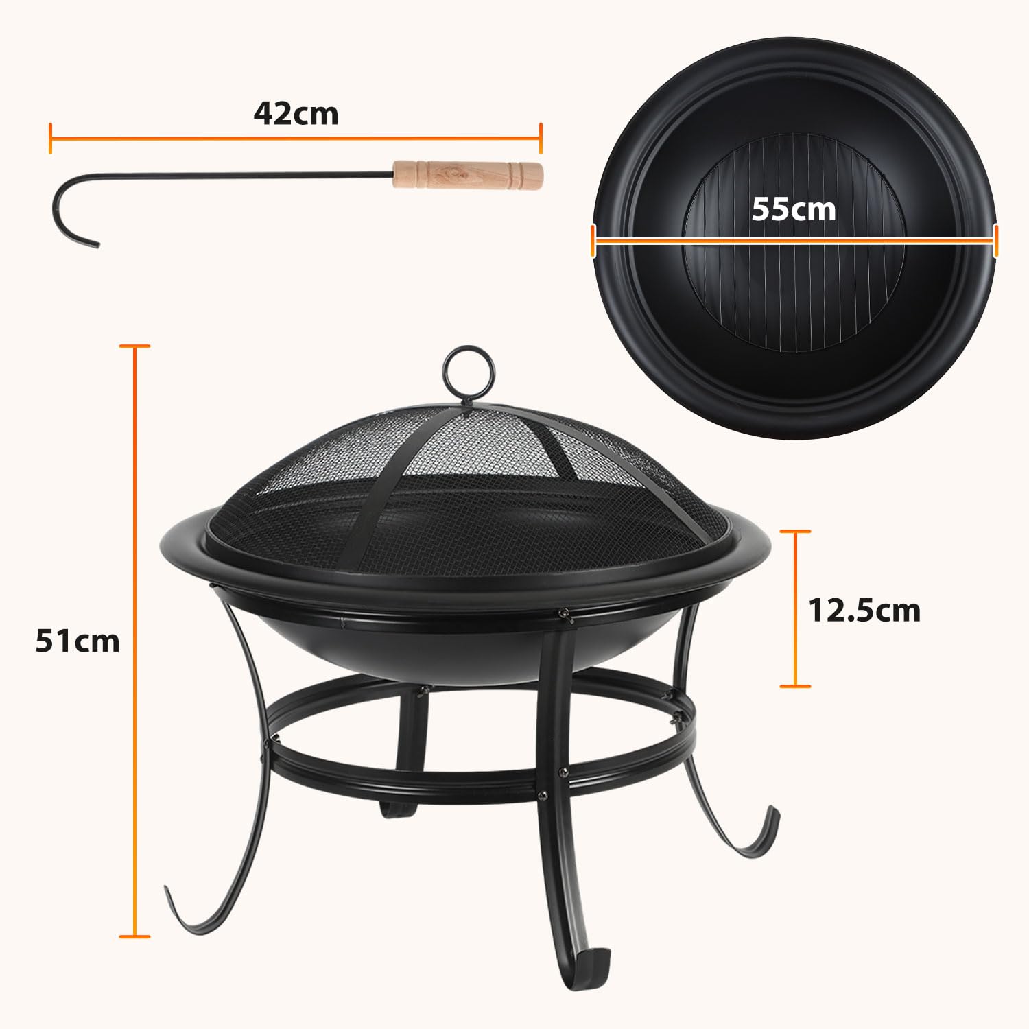 Feuerstelle Ø55cm mit Funkenschutz Schürhaken und wärmeisoliertem