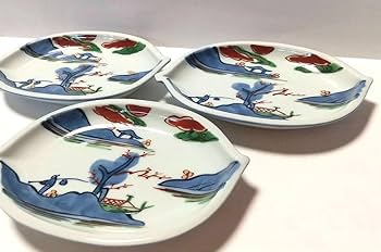 Amazon.co.jp: 有田焼 源右衛門窯 染錦 山水絵 楕円形 銘々皿 3