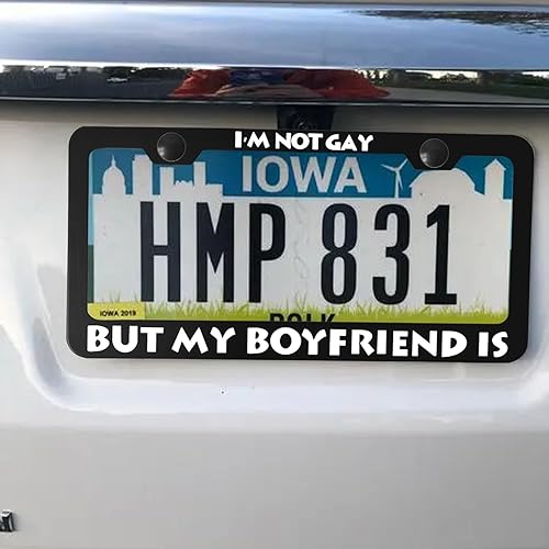 Miniatura 7 de Marco de matrícula con textos humorísticos  I'm Not Gay But My Boyfriend is, divertido marco de aluminio de metal negro para automóvil con 2