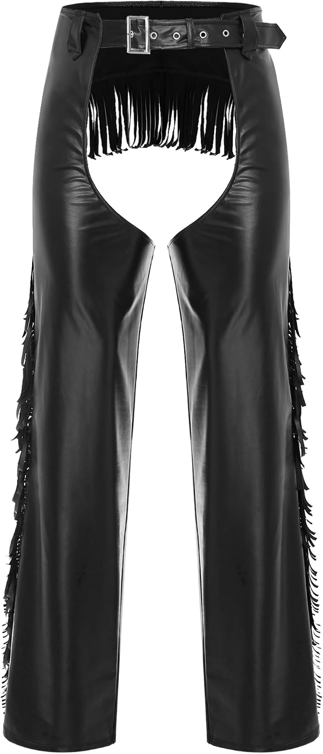 Men Western Show Chaps Motorcycle Cowboy Faux Leather Fringed Pants Cutout Sides Trousers