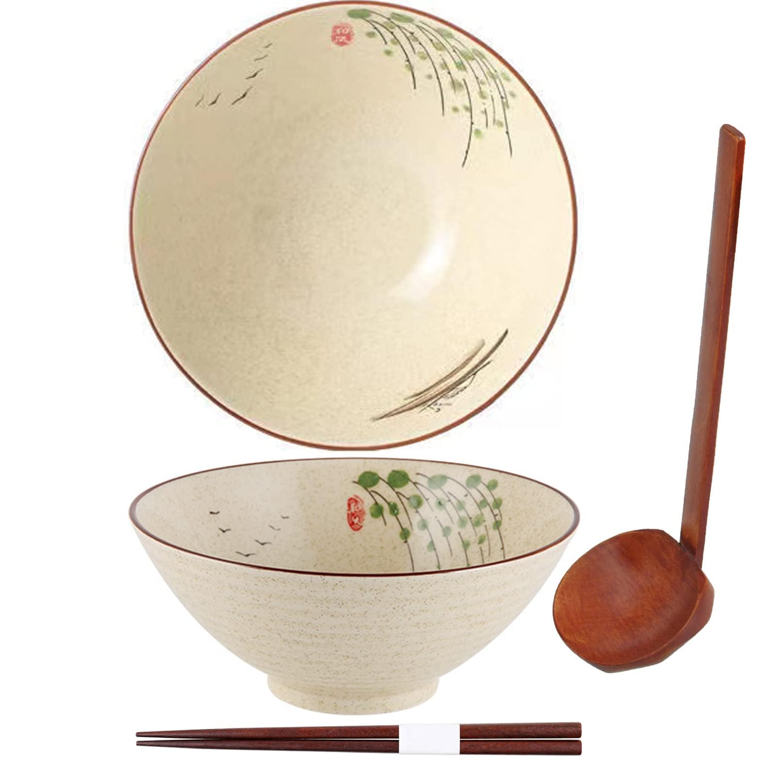 Set di ciotole in ceramica per ramen - Set di ciotole per noodle istantanei con coperchio, bacchette e cucchiaio, stoviglie asiatiche per pho, zuppa, insalata, cereali, set di stoviglie giapponesi per
