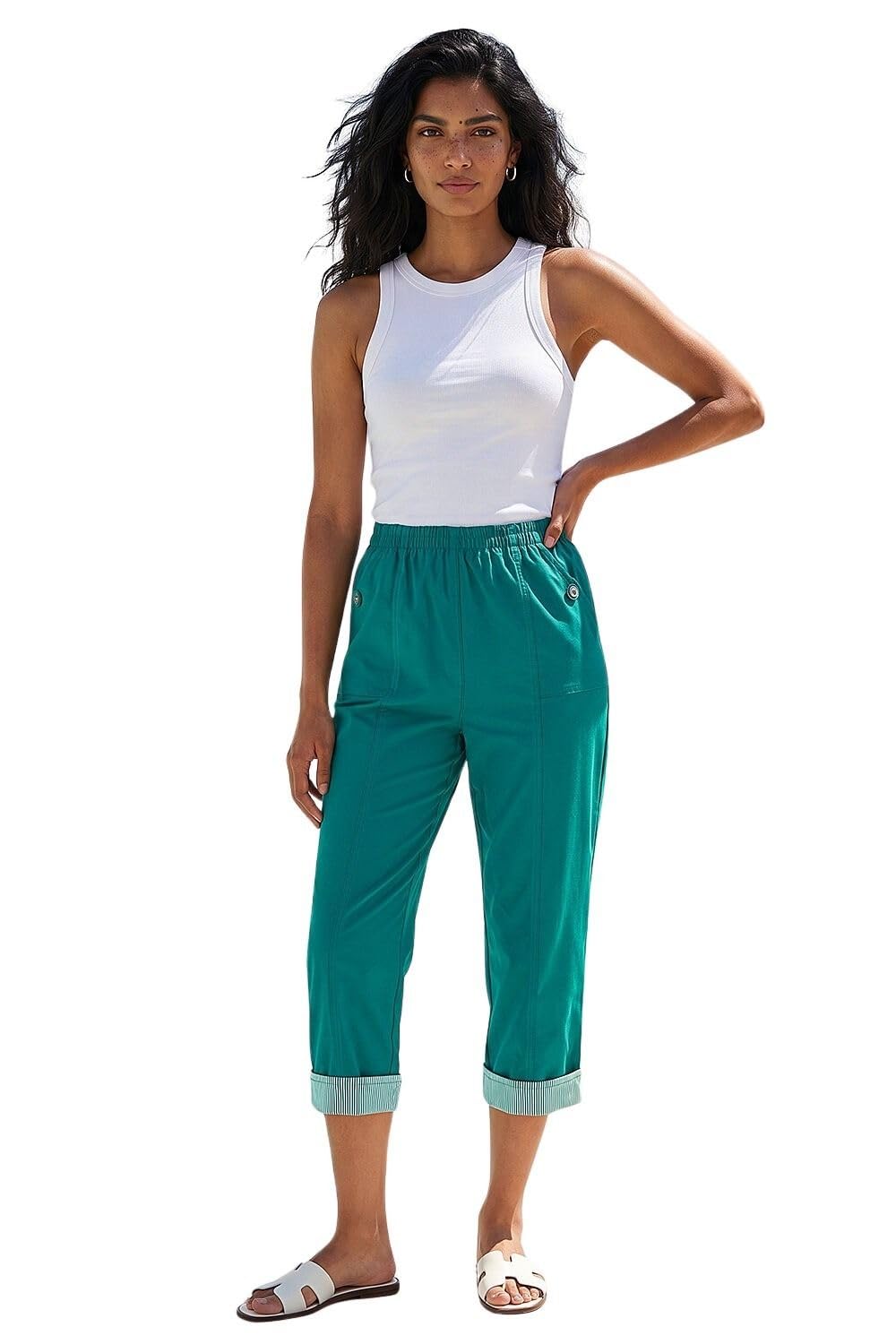 Roman Cropped Stretch Trouser for Women UK - Ladies Capri Pants Summer Leggings 3/4 Three Quarter Pedal Pusher Elasticated Waist Cut Off Contrast Detail Pull On Work - Jade - Size 12