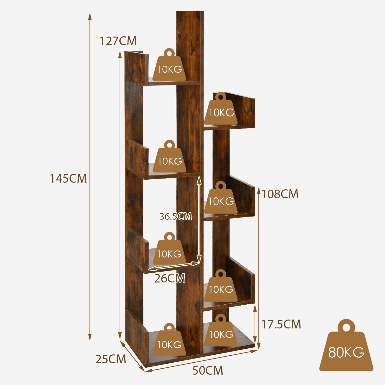 HOMASIS Bibliothèque en forme d'arbre, étagère sur pied avec 8 niveaux, compartiments en bois, rangement pour salon, chambre à coucher, bureau, 50 x 25 x 145 cm (marron)