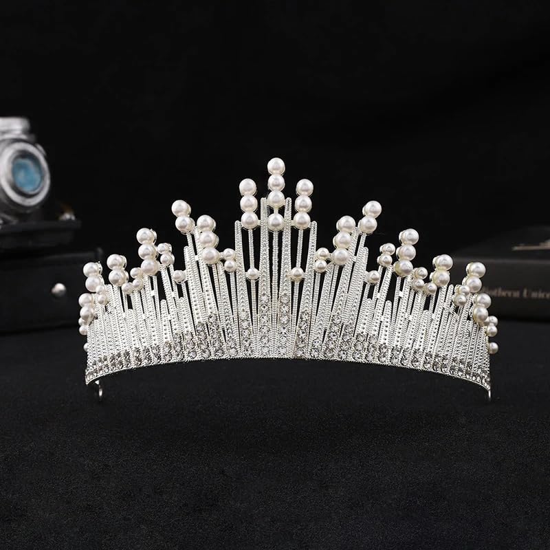 Image of SYGA Crown Queen Rose Flower Tiaras Princess Hair Jewelry Headbands for Party Engagement Wedding (Crown-Pearl-Silver)