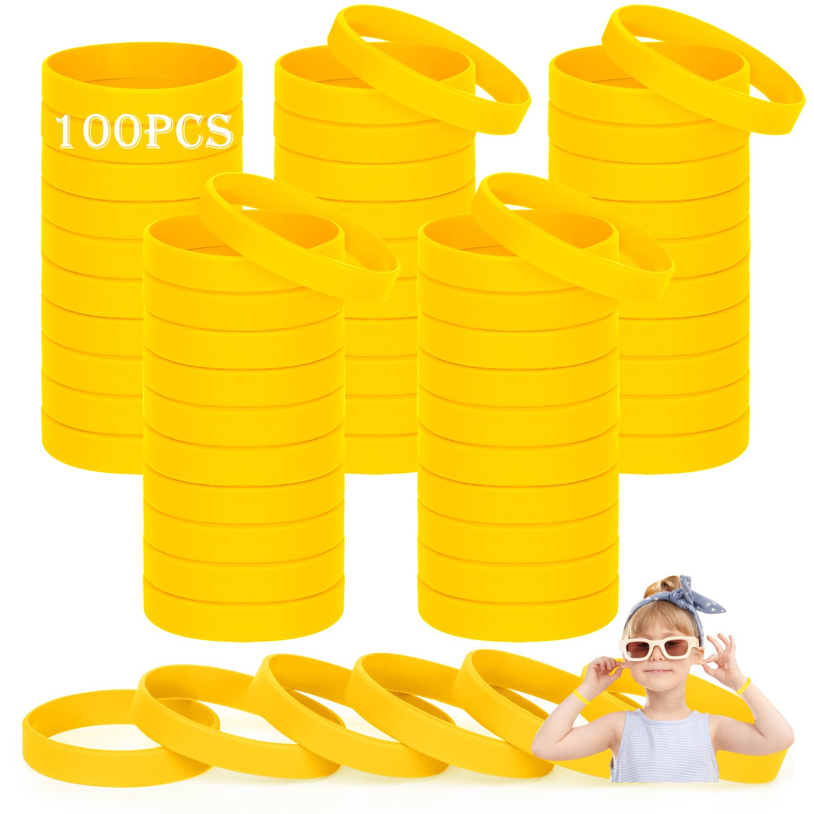 HONTIUS Kids silicone wristbands, 100PCS kids Yellow Rubber Wristbands Blank Wrist Bands Universal Wristband Set for Kids Child Children Kindergarden Team SportSuitable for 3-7aged
