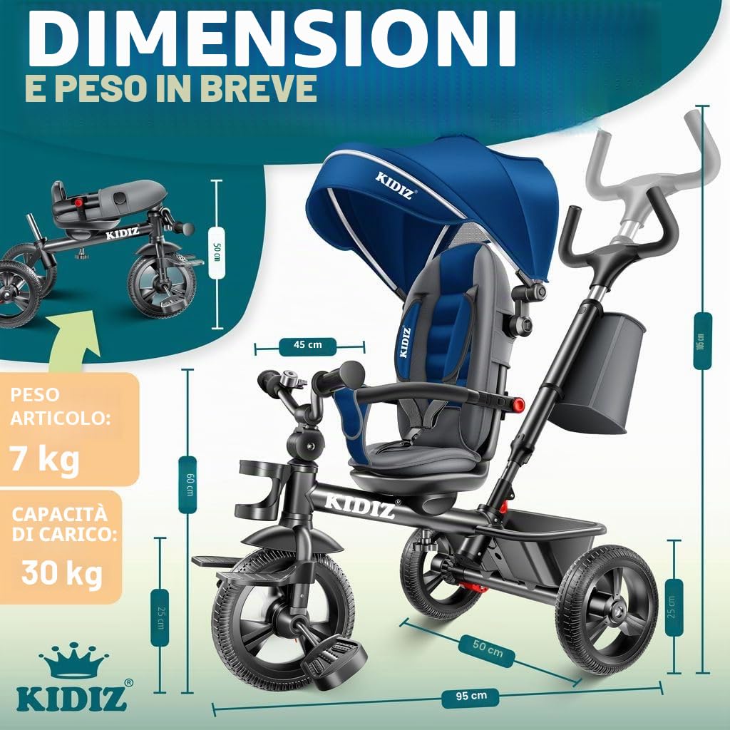 KIDIZ Triciclo 6 in 1 Dirigibile da 9 mesi Joggant anteriore e posteriore Peso massimo 25 kg Barra di spinta Cestino parasole Ruote in gomma