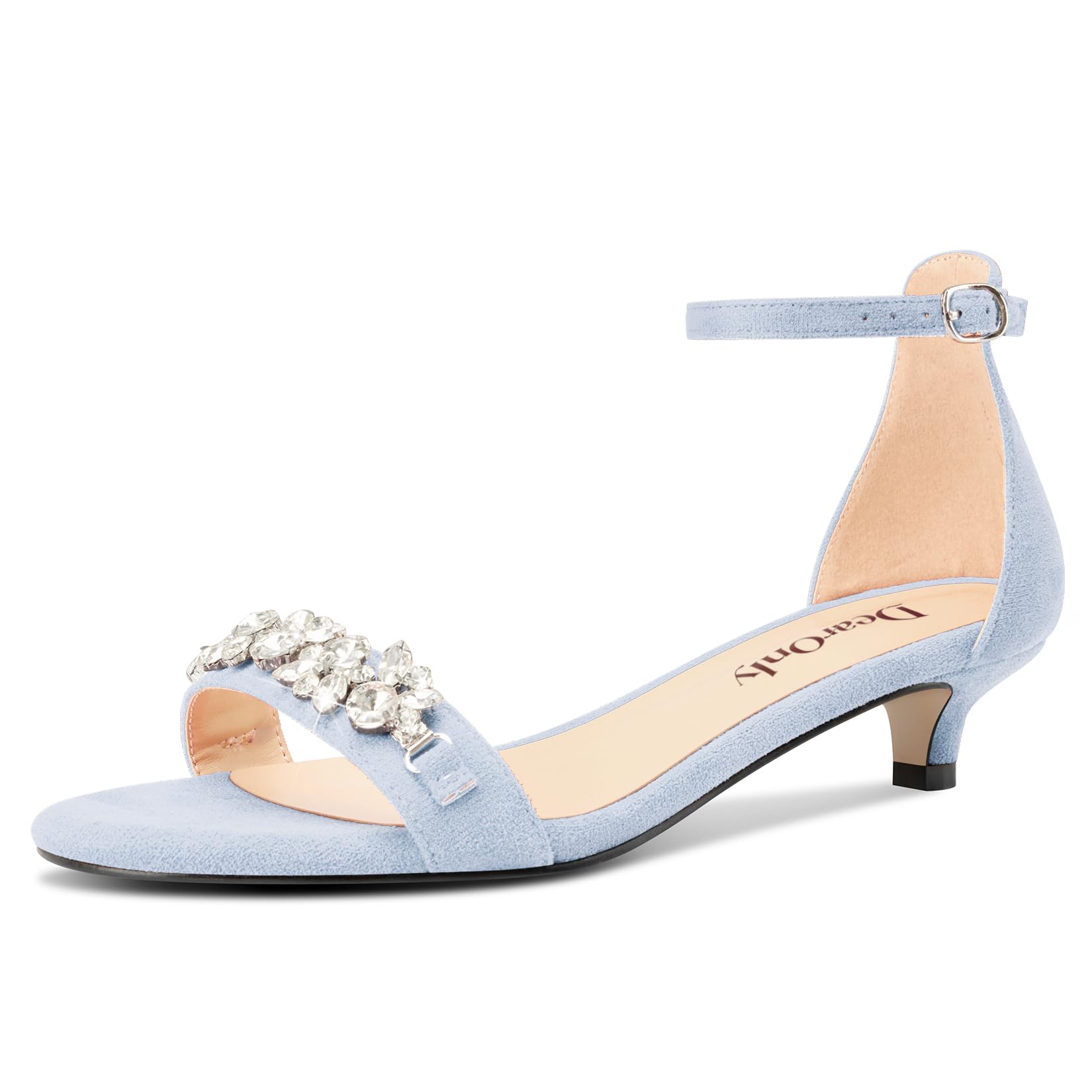 DearOnly Womens Low Kitten Heel Peep Open Toe Ankle Strap Sandals Rhinestone Crystal Buckle Office Summer Dress 1.4 Inches Heels