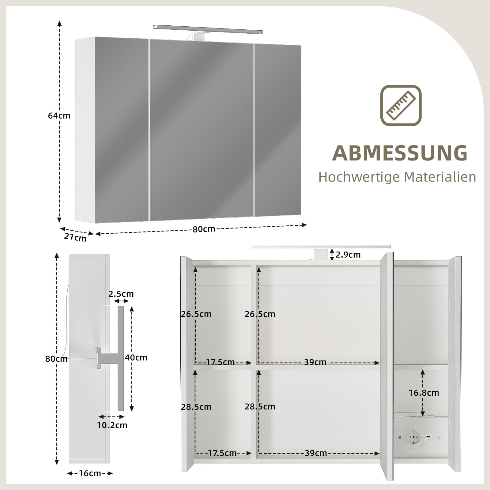 Spiegelschrank für Bad mit Beleuchtung 80x60 cm 3 Türen Badezimmerspiegel mit Steckdose höhenverstellbare Einlegeböden Wandspiegel mit Stauraum Badschrank mit Spiegel für Badezimmer (80x60cm)