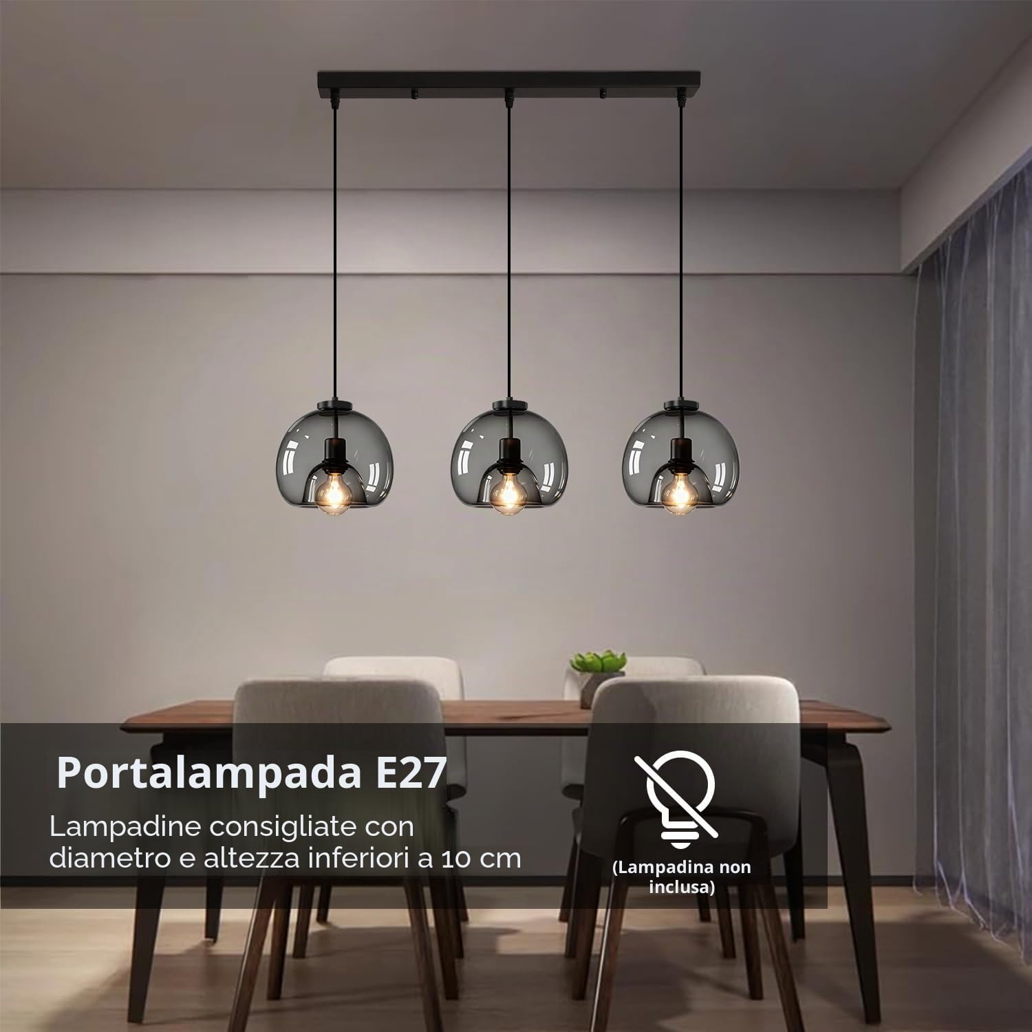 Lampada a Sospensione in Vetro Vintage, 3 luci Lampadario da Soffitto Cucina E27, Paralume Vetro Trasparente Nero, Bianco Caldo 3000K Altezza Regolabile per Camera da Letto, Sala Da Pranzo, Kitchen