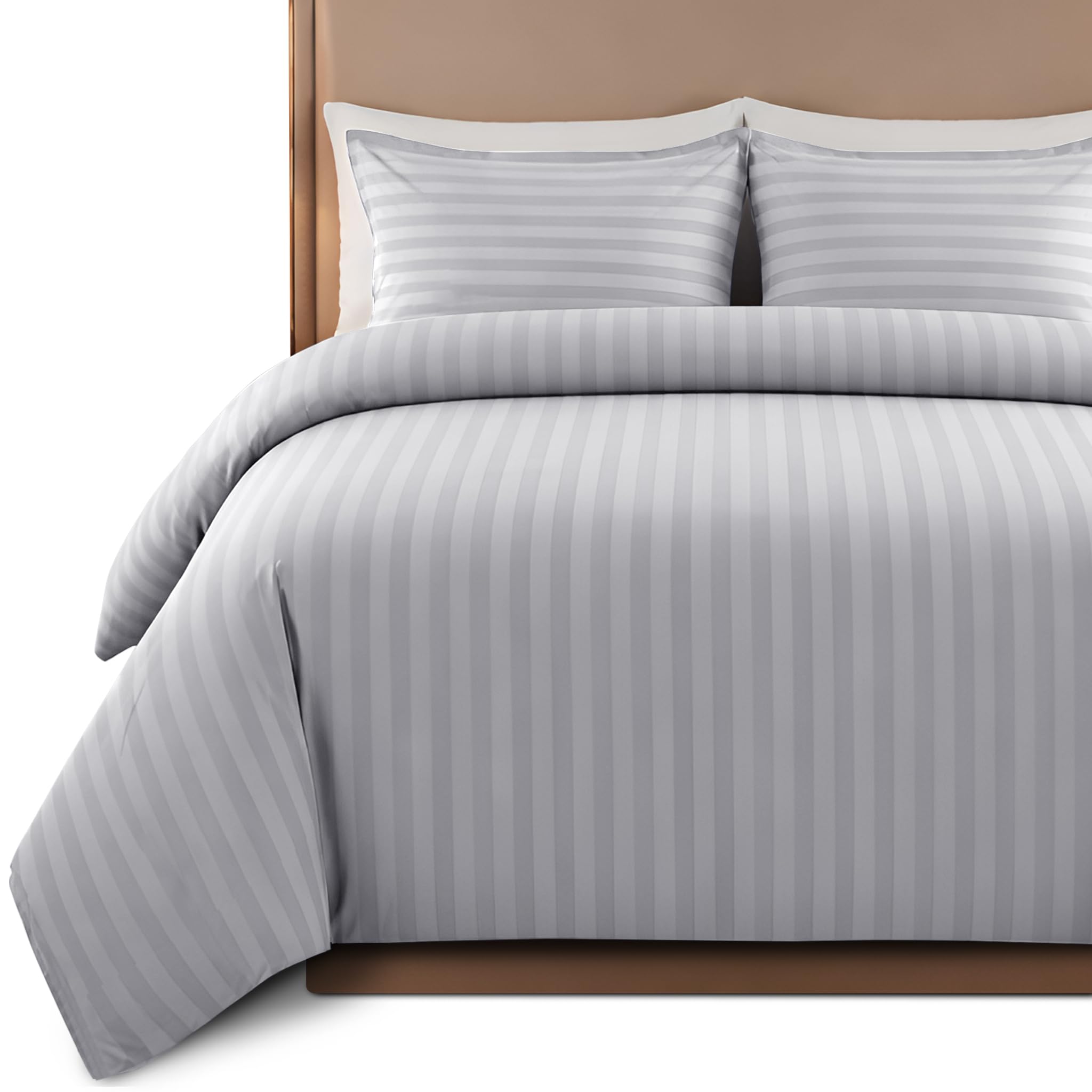 Hafaa Satin Stripe Double Duvet Set Silver - Premium Hotel Quality Quilt Cover Bedding Sets - Hypoallergenic Ultra Soft Brushed Microfiber Bed Linen