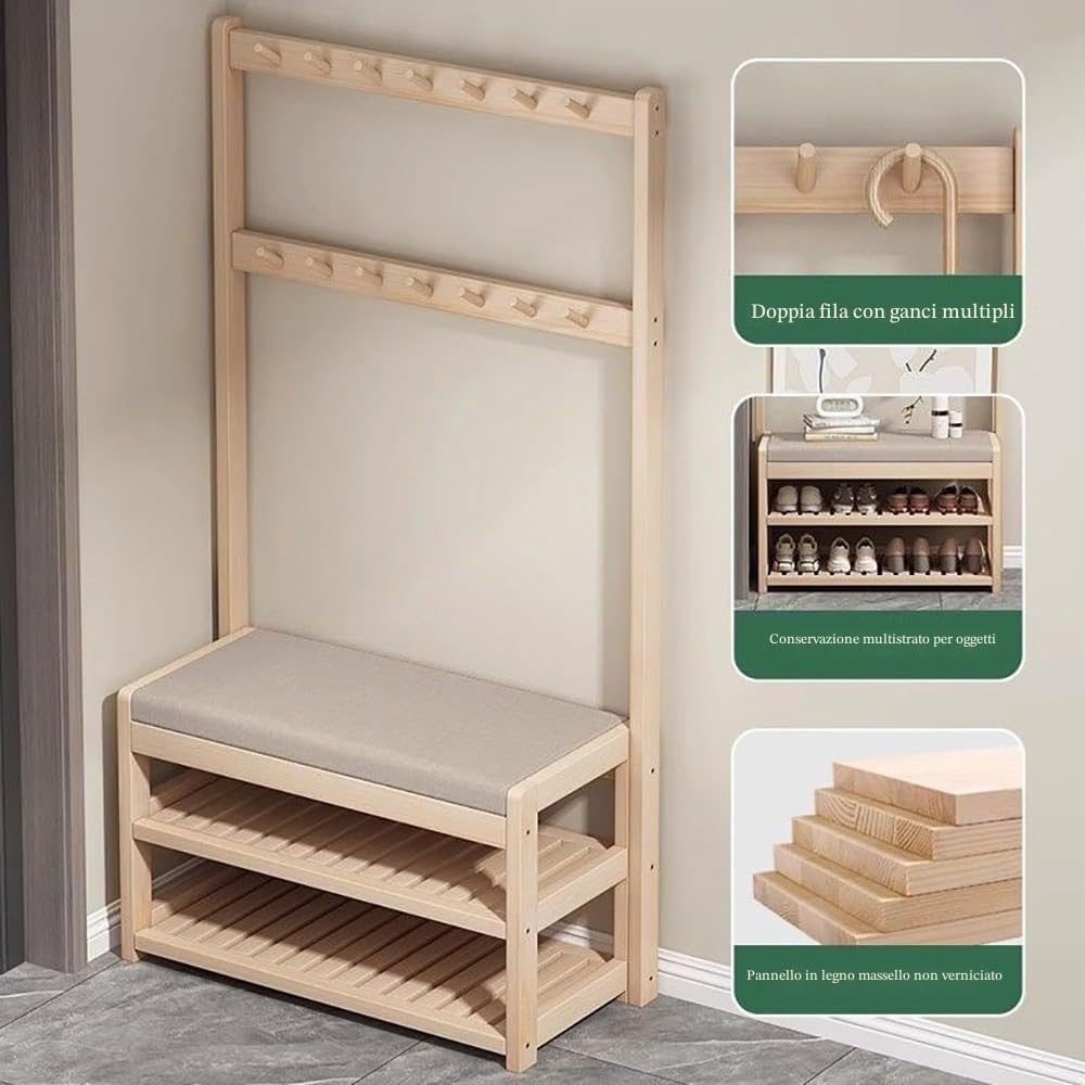 Porte-manteau polyvalent en bois avec banc de rangement à chaussures – 5 crochets pour entrée, salon et couloir – Disponible en tailles 60/70/80/90 cm pour une organisation élégante