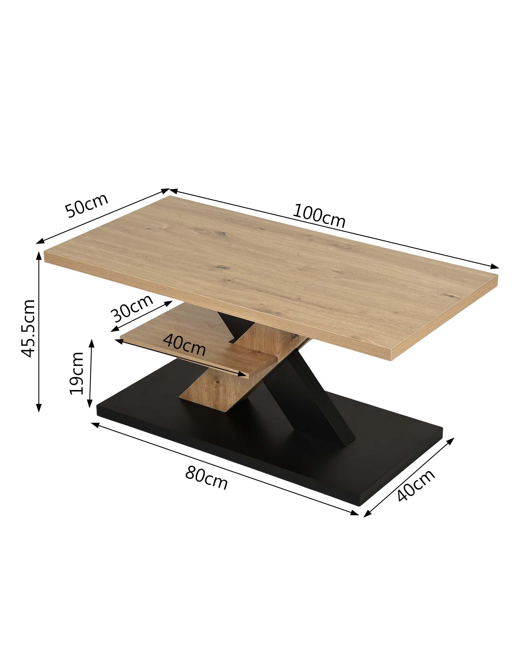 Mesa de centro de madera de roble negro, 100 x 50 x 45 cm, mesa de salón, rectangular, moderna, con estante, espacio de almacenamiento, diseño Z, mesa de salón para sofá