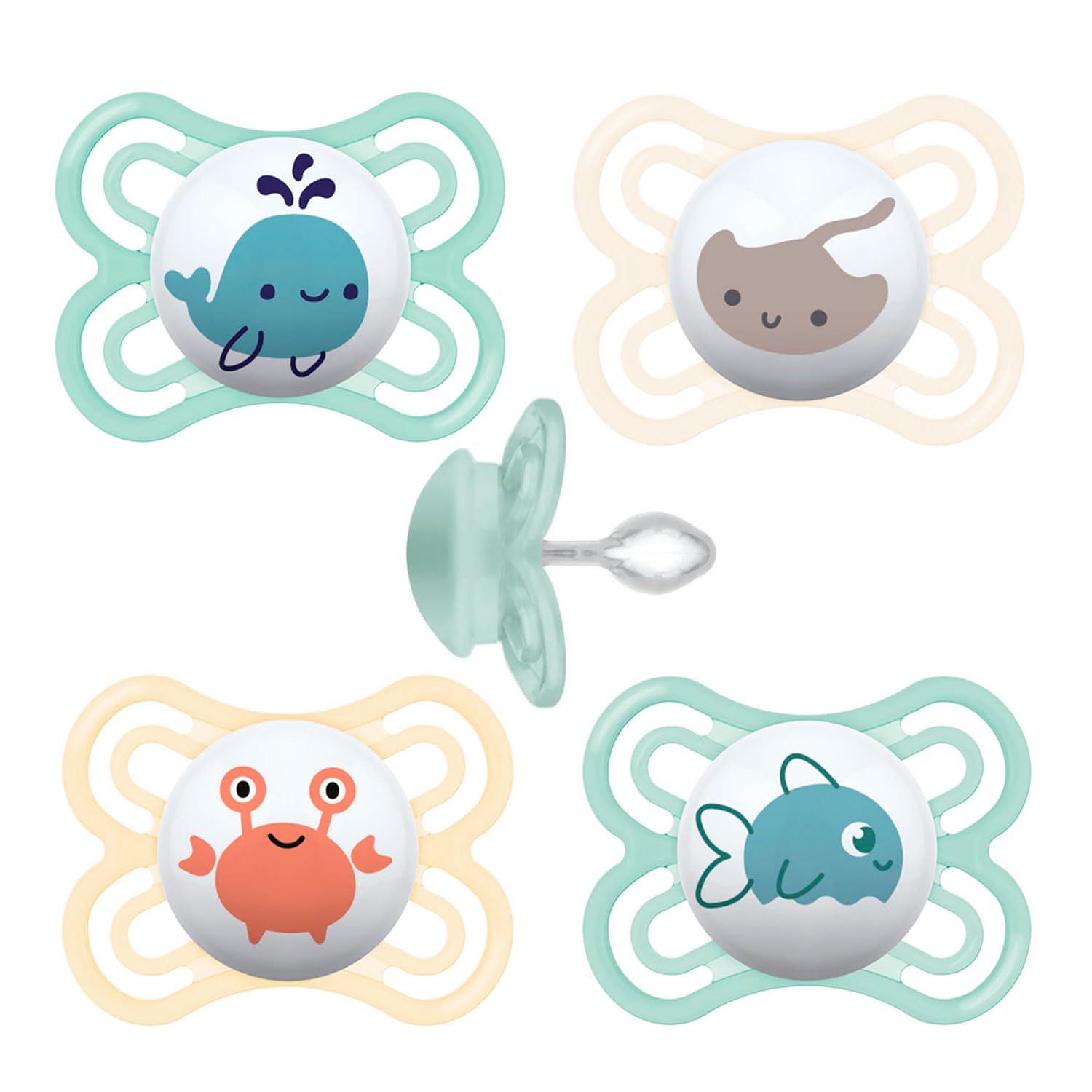 MAM Skin Soft Silicone Dummy Perfect 0-6, Set of 4, Includes 2 Sterilising Transport Boxes, Dento-Flex
