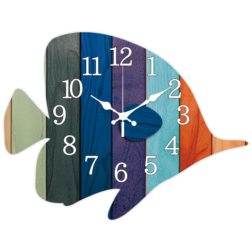 CHGCRAFT Fish Wall Clock Colorful Striped Fish Non-Ticking Clock Irregular Shape Decorative Wall clock Printed for Home Office Decoration,12.4×16 inch