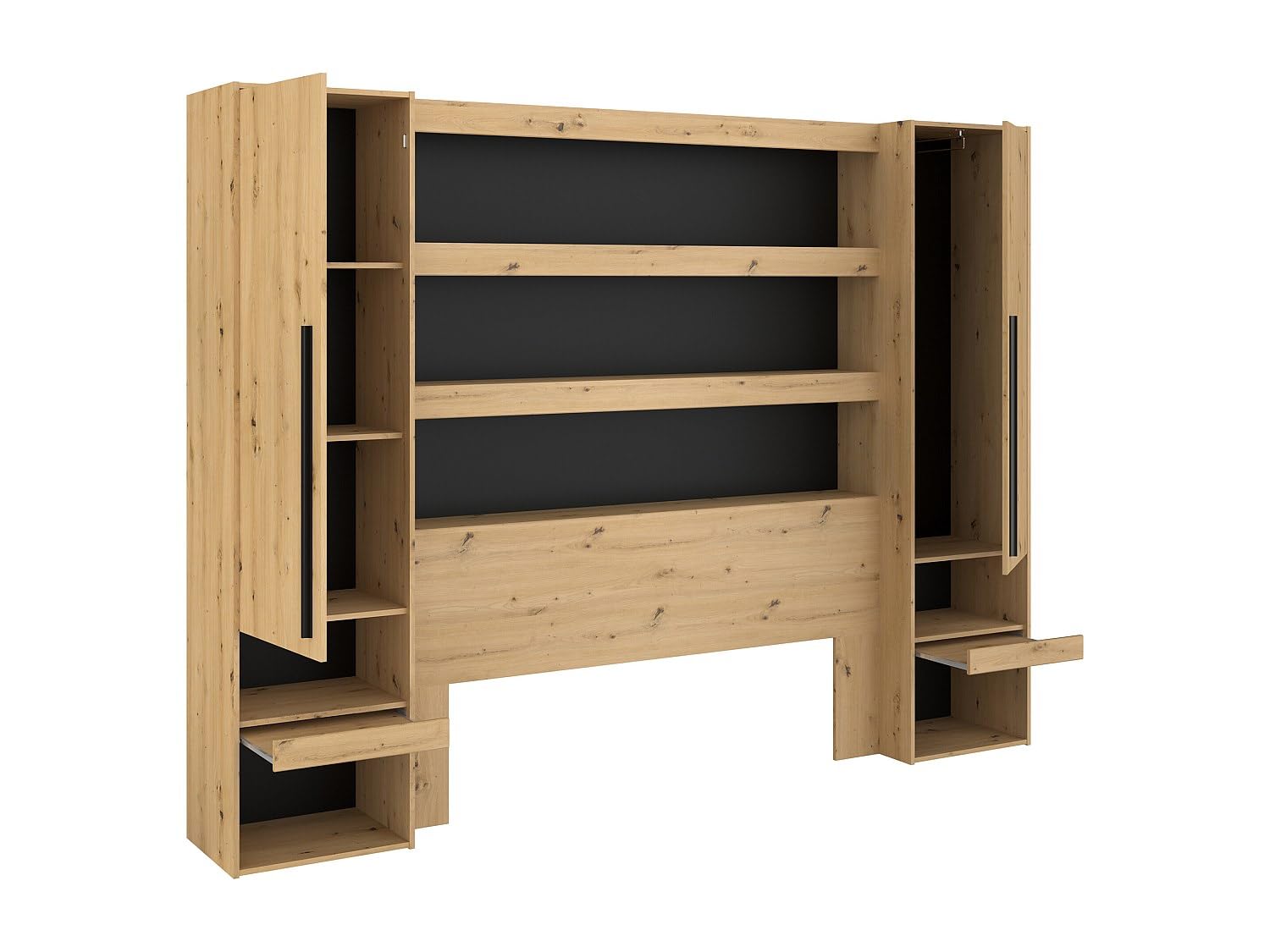 Vente-unique - Lit Pont 160 x 200 cm avec rangements - avec LEDs - Coloris : Naturel et Noir + Sommier + Matelas - VARLY