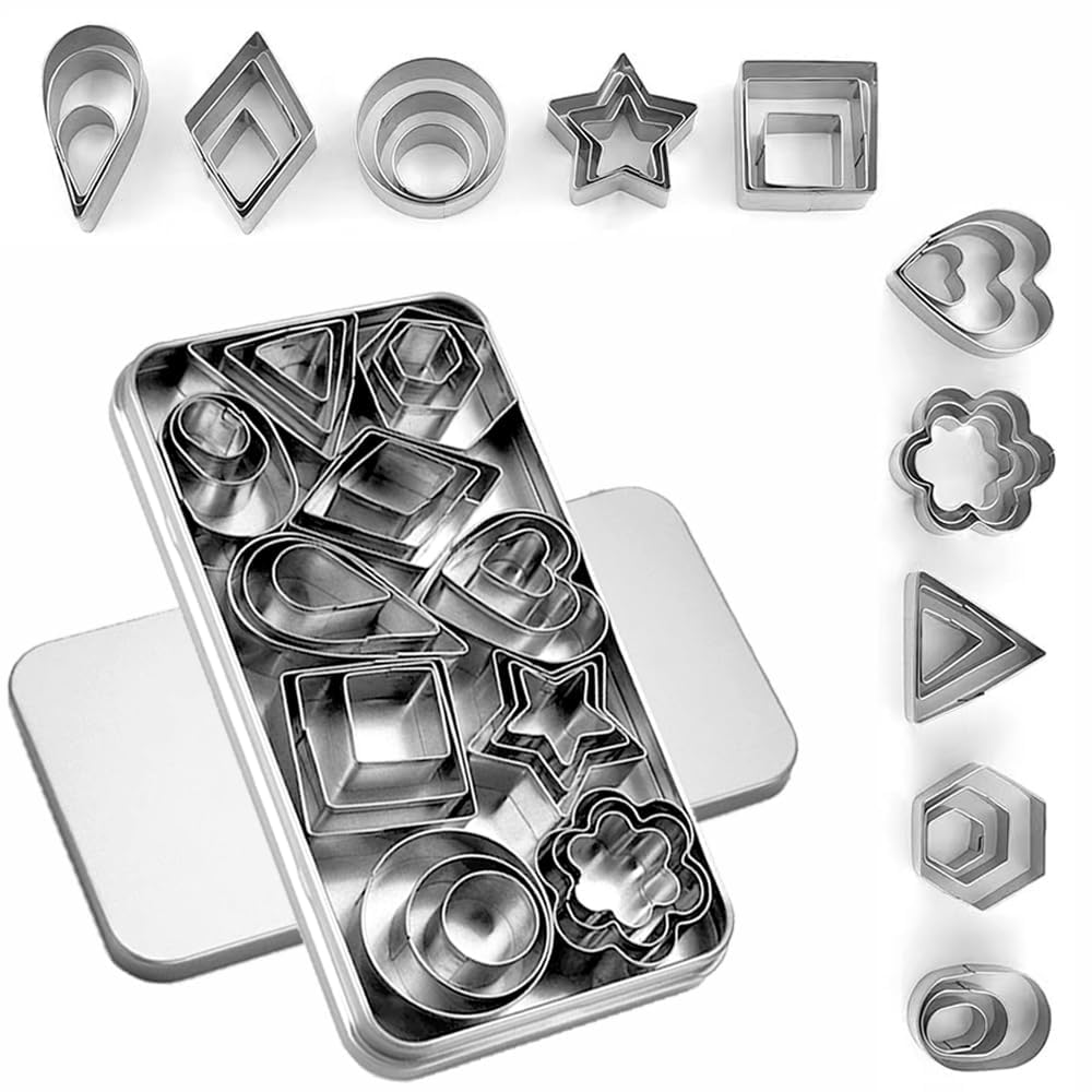 COOLive 30Pcs Mini Cookie Cutter Set with Box, Small Stainless Steel Veggie Cutters, Polymer Clay Cutters for Kids, Geometric Set for Biscuit Cutter, Tiny Fruit Cutter