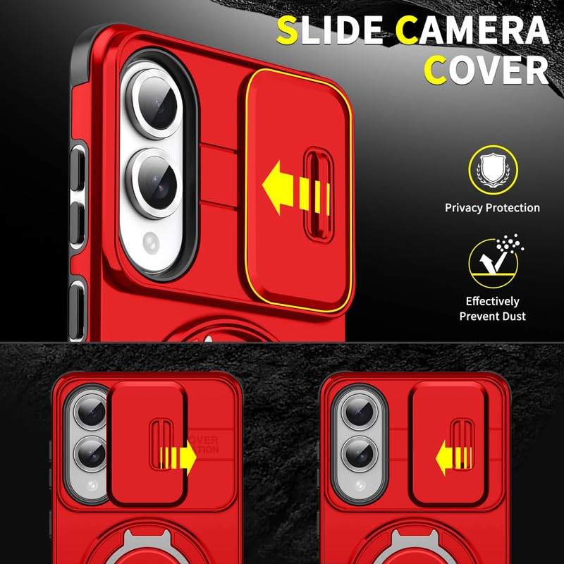 Image of LuxuryKase Shockproof Rugged Case for Samsung Galaxy S25 Edge | Slide Camera Cover | 360 Rotating Ring Kickstand | Military-Grade Protection - Cherry Red