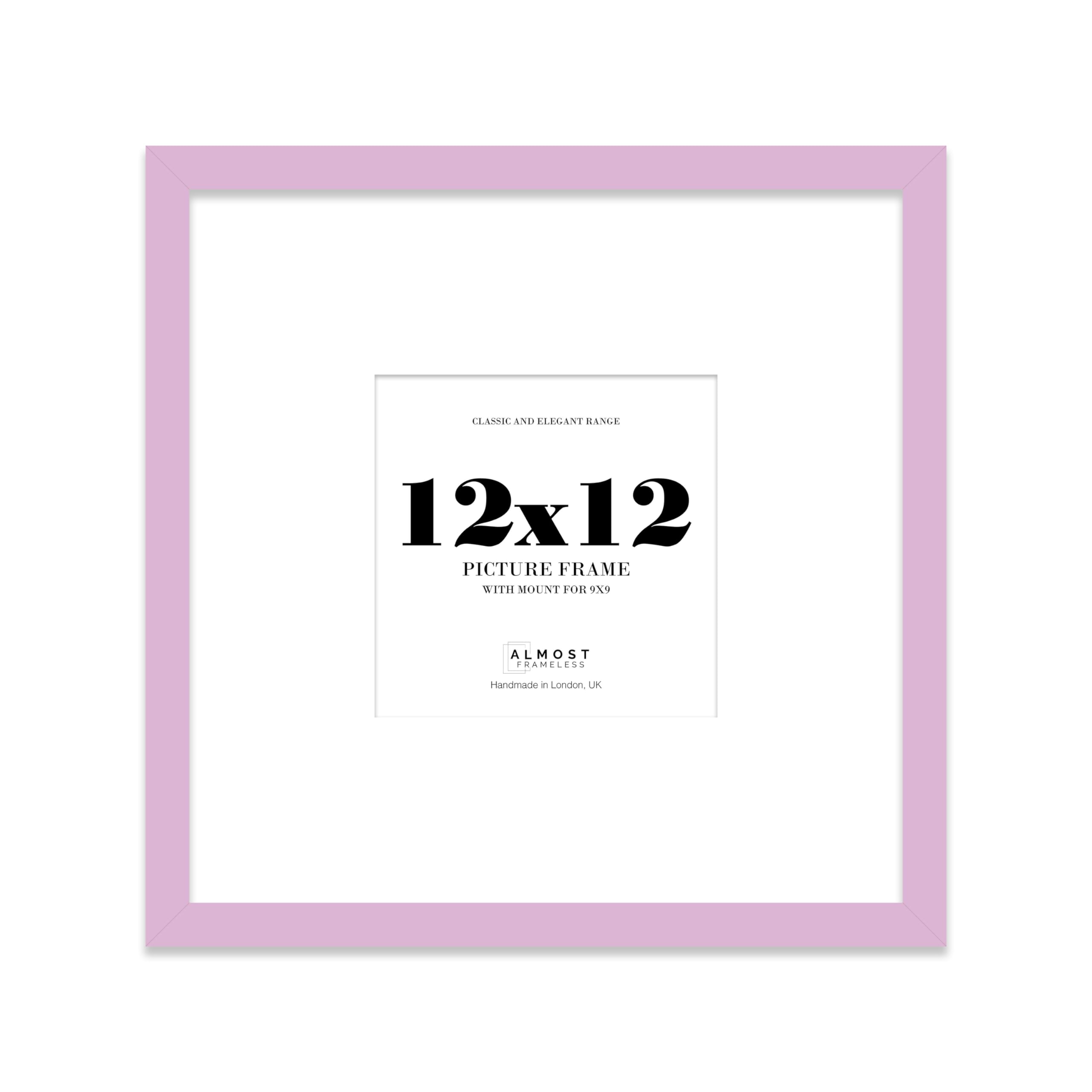 Almost Frameless 12x12 Square Picture Frame, Display Pictures 9x9 With Mat or 12x12 Without Mat, Wall Hanging & Free Standing Photo Frame, Lilac, 1 Pack