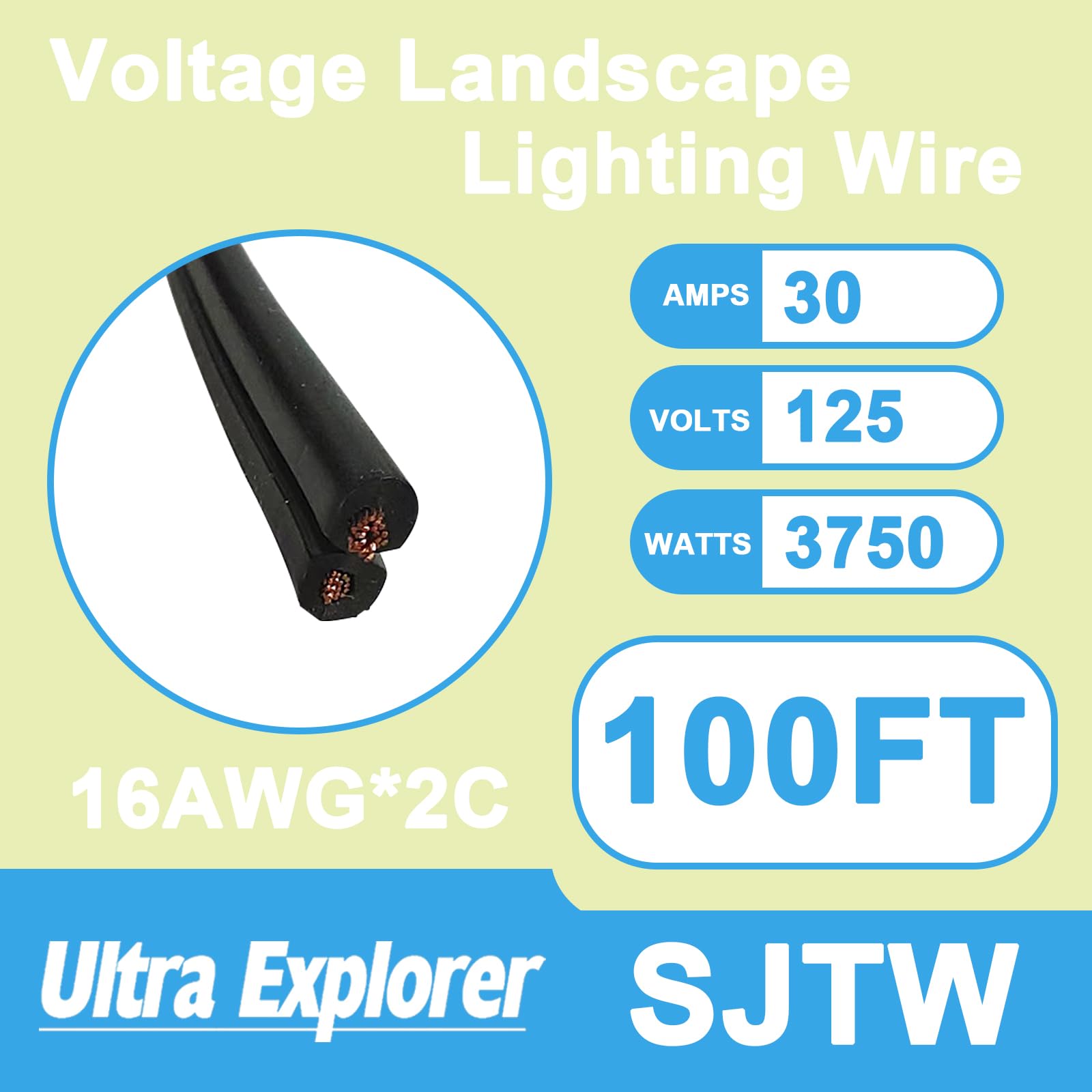 Ultra Explorer 16/2 Low Voltage Landscape Lighting Wire, Outdoor Direct Burial Cable, 16 Gauge 2 Conductor, 100 Feet