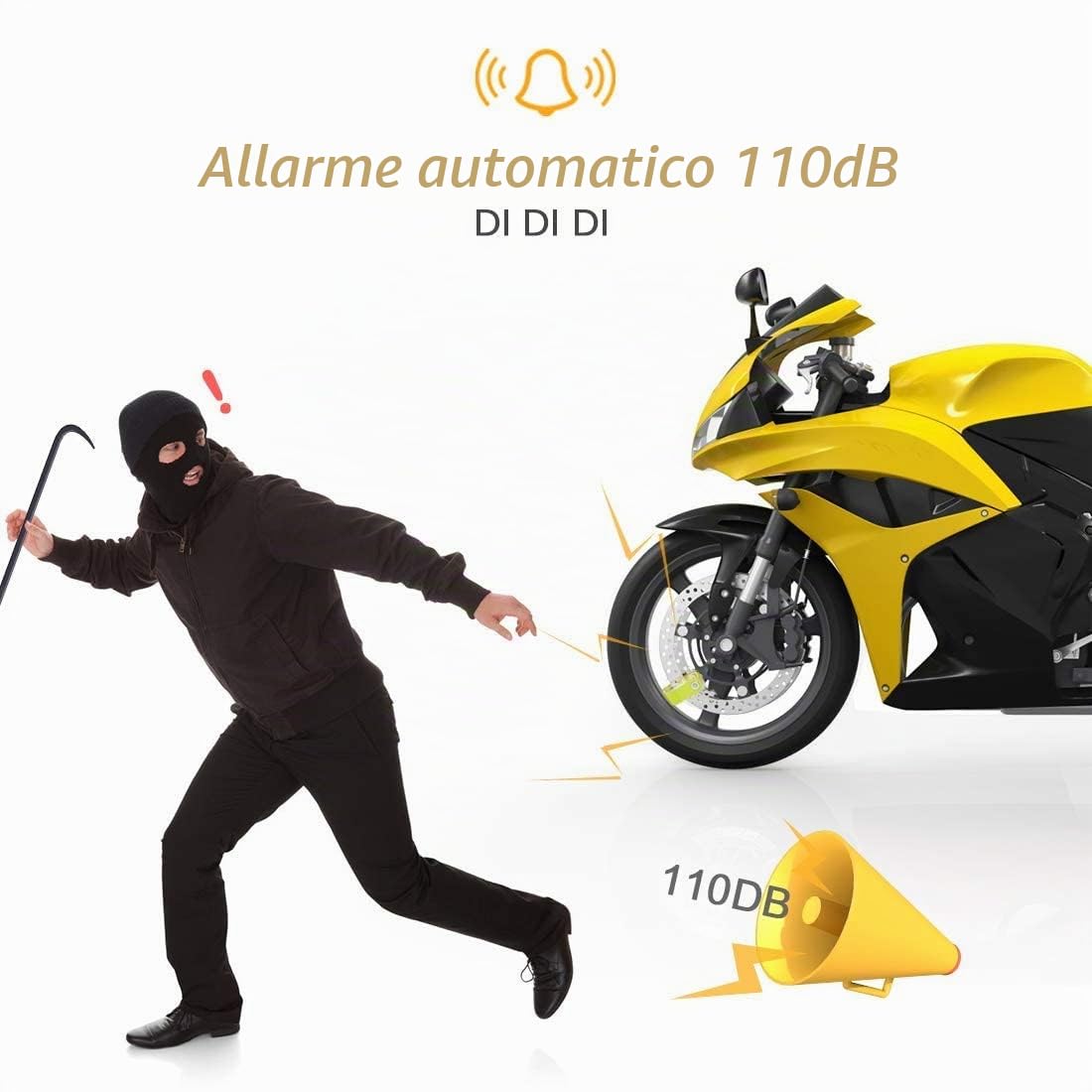 AGPTEK Bloccadisco Antifurto Moto Impermeabile con Allarme Sonoro 110dB, Blocca disco in lega di zinco per moto, bici e monopattino, 2 chiavi e 1,5m Reminder Cavetto