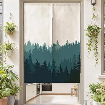 MYRU Japanese Curtain Noren Entrance Feng Shui Door Curtain Green Forest, 33.5 Inches x 59 Inches