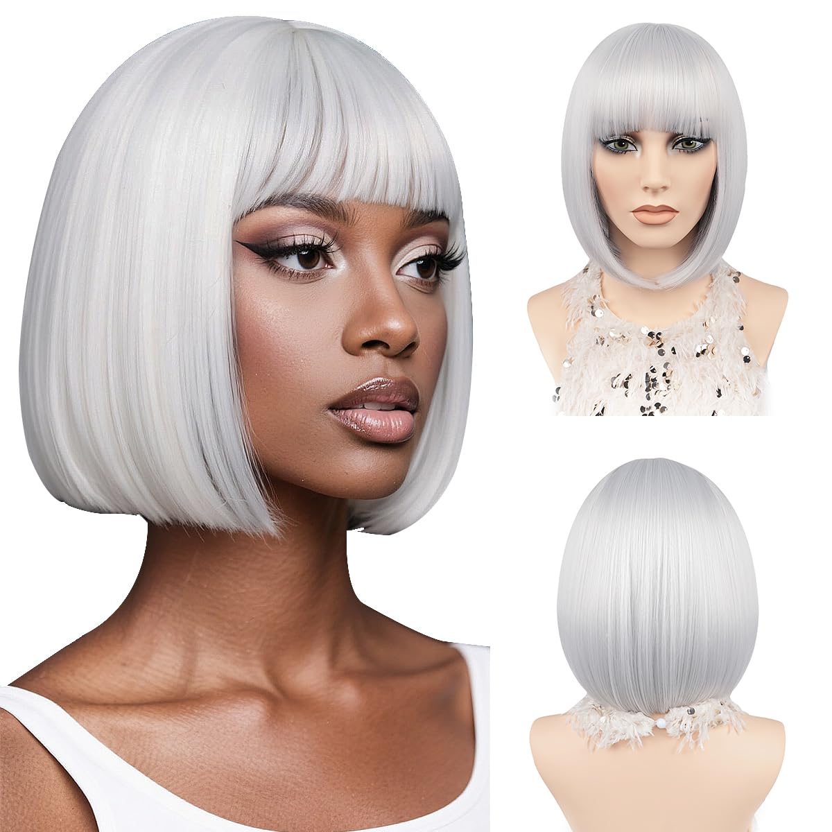 Short Bob Wig with Bangs 12Inch Coloured Straight Bob Wig for Women Girls Synthetic Heat Resistant Fiber Hair Natural Looking Cosplay Party Christmas Halloween Daily Use (Silver Grey)