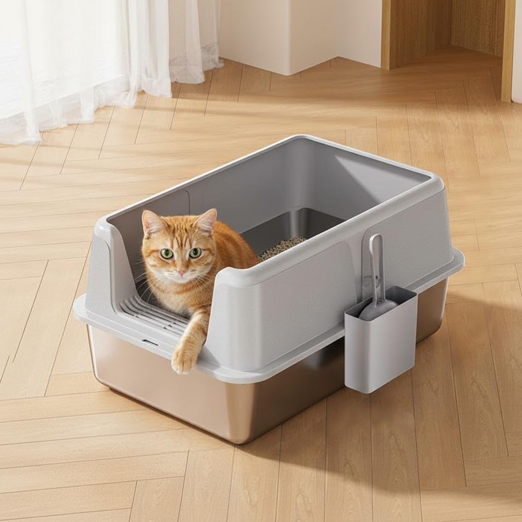 13.98" Tall Stainless Steel Cat Litter Box - Extra Large, High-Sided & Non-Stick, Odor-Resistant Metal Litter Pan for Multiple Cats, Big Cats, Rabbits & Small Pets