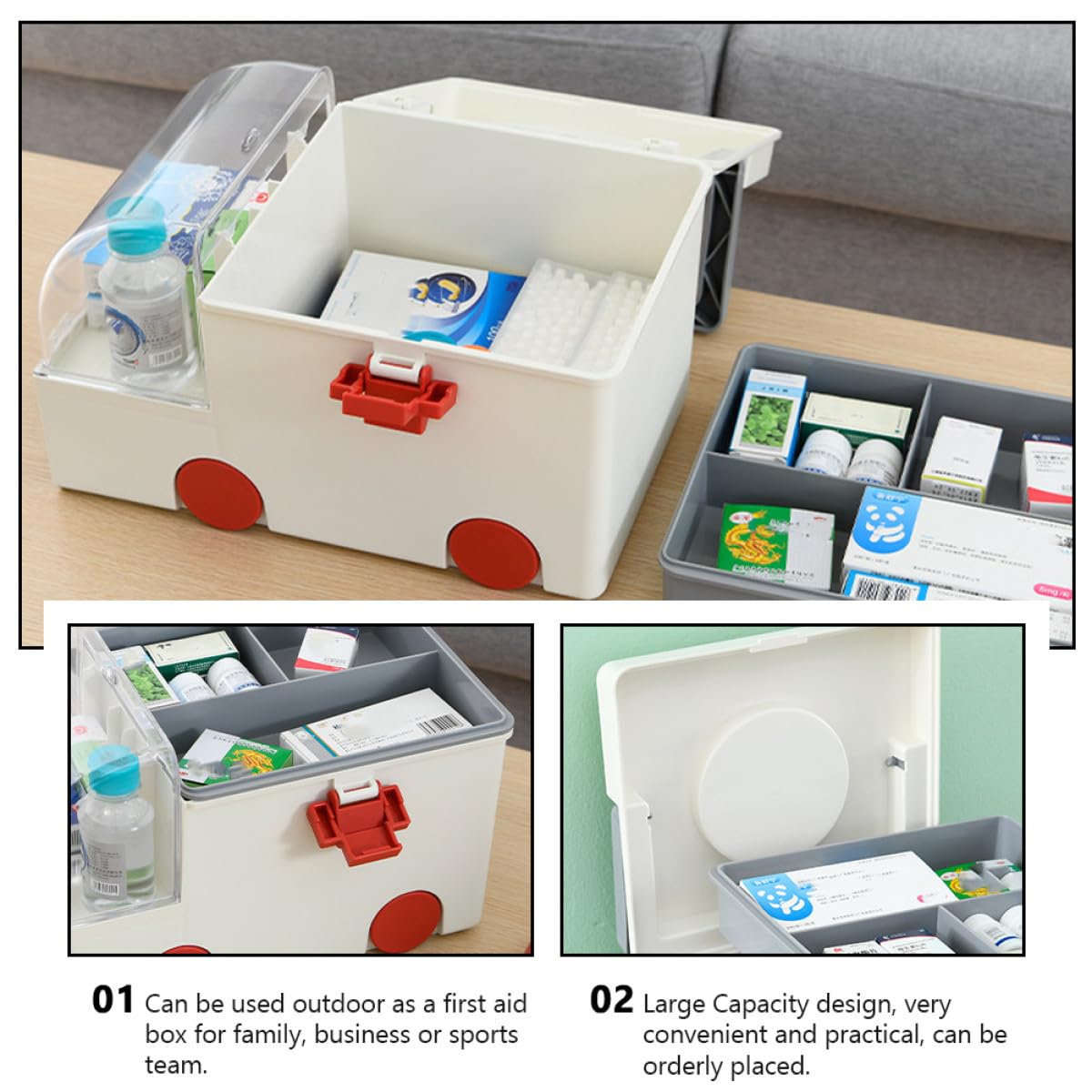 Botiquín de Primeros Auxilios Hogar Grande Caja de Almacenamiento Plástico Gris Asa Portátil Maletín Sanitario de Alta Capacidad para Oficina Escuela y Viajes