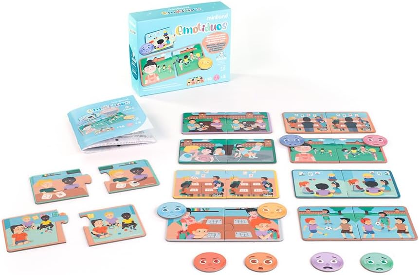 Miniland Emotiduos | Anti-Bullying Board Game for Kids +2. Includes 10 Puzzles, 8 Emotion Faces and Educational Guide.
