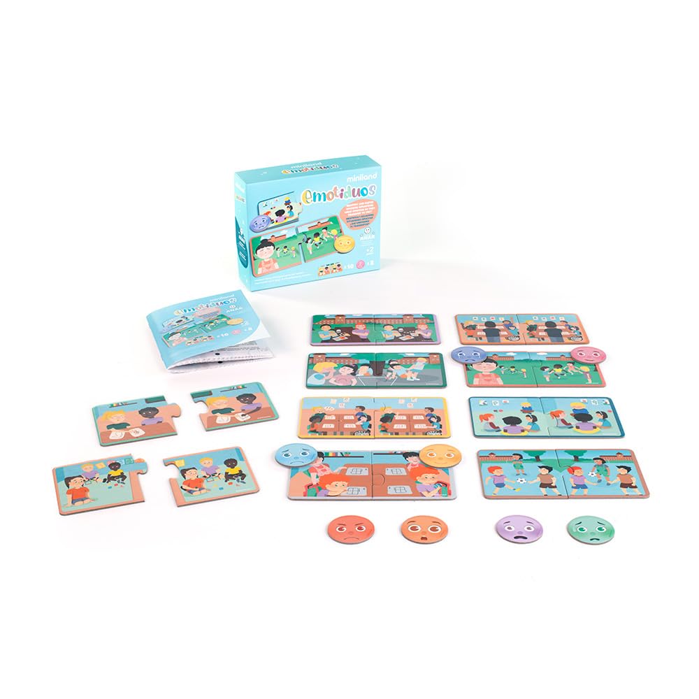 Miniland - Emotiduos | Anti-Bullying Board Game for Kids 2+, Includes 10 Puzzles, 8 Emotion Faces and Educational Guide