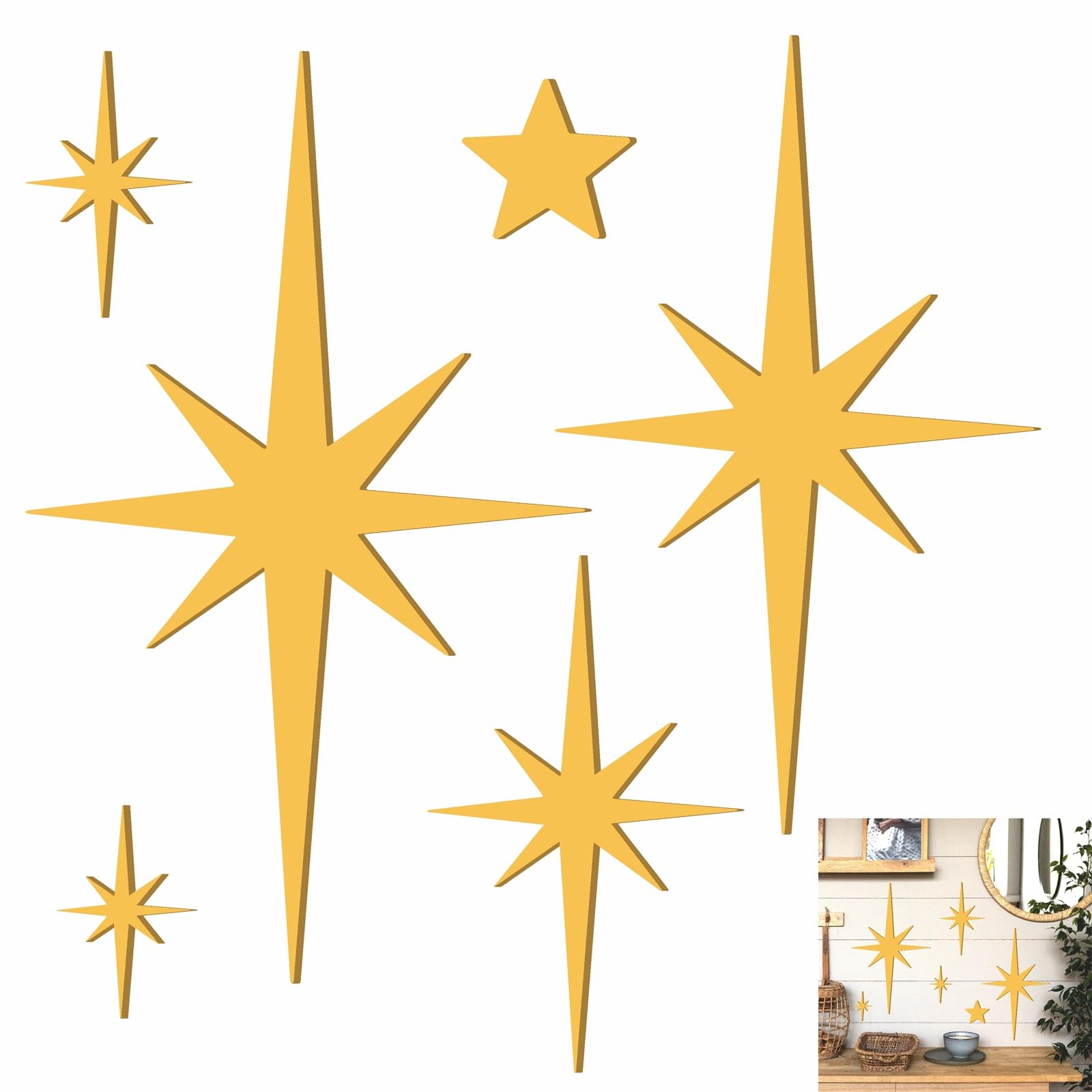 6 PCS Gold Star Wall Decor Iron Starburst Wall Decoration Retro Christmas Stars Art Signs Mid Century Modern Decor for Living Room Star Hangings Sculptures Golden Metal Art for Home Office Bedroom