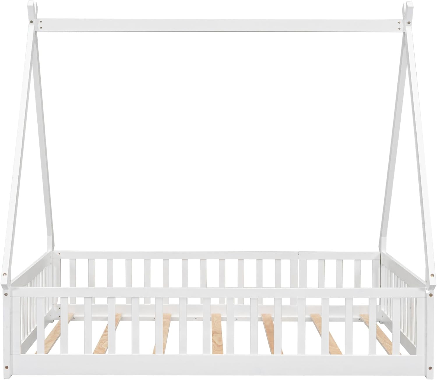 Rhomtree Full Size Wood Tent-Shaped Floor Bed with Guardrails, Slats, Door, Solid Wood Platform Bed Frame Mattress Foundation Sleigh Bed with Wood Slat Support for Teens Adults(White, Full)