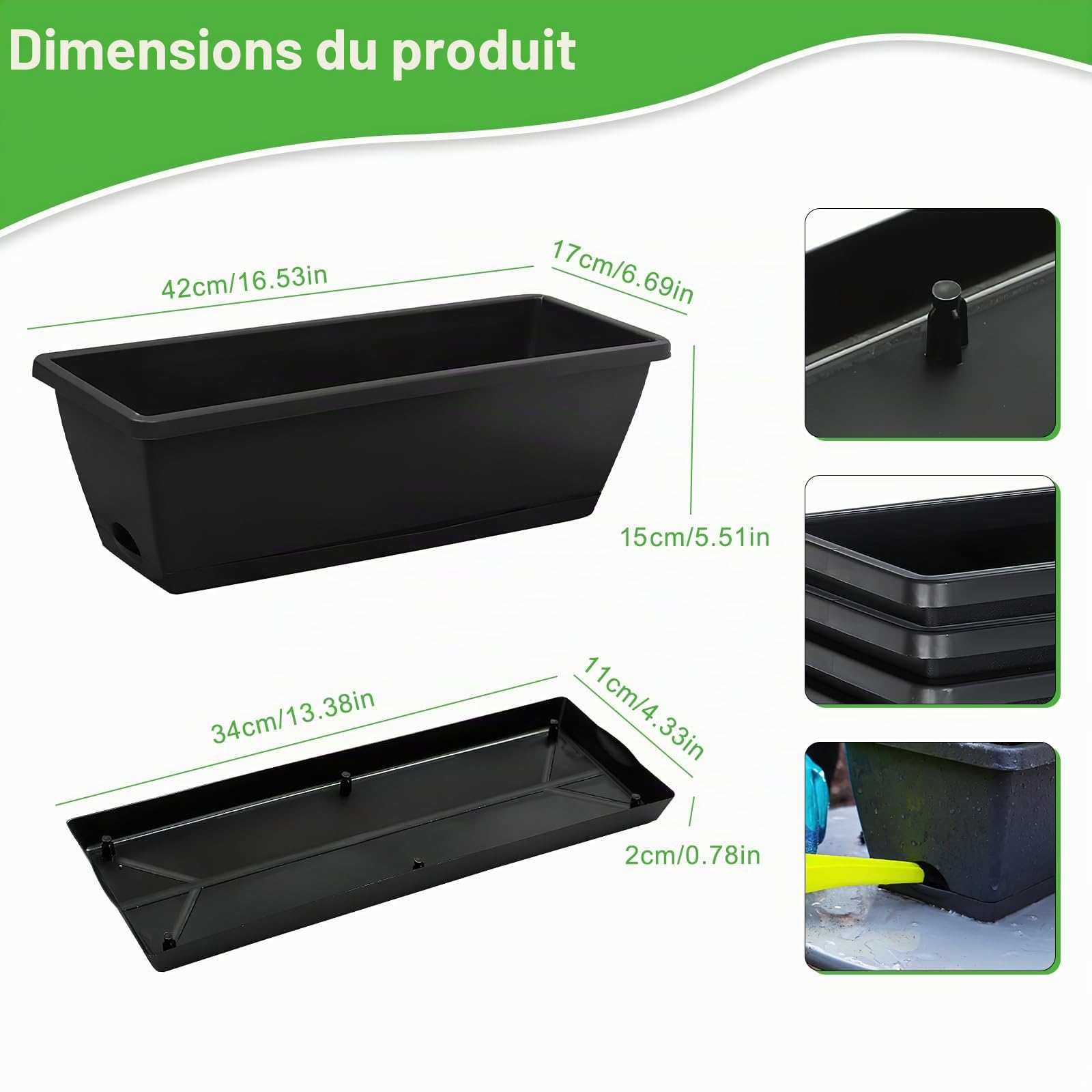 Lot de 12 jardinières rectangulaires avec trous de drainage et plateaux pour rebord de fenêtre, jardin, balcon - Noir