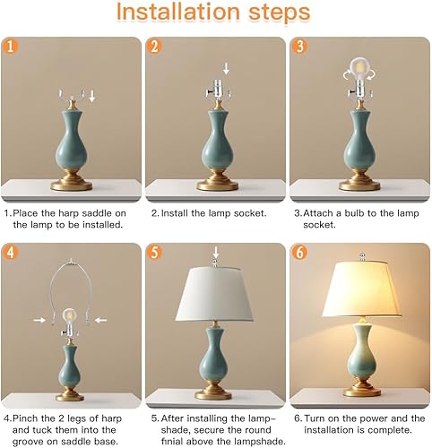 Miniatura 4 de Helunsi Arpa de lámpara de 8 pulgadas, 2 juegos de soporte de arpa de pantalla de lámpara plateada con remate, adaptador de pantalla de repuesto