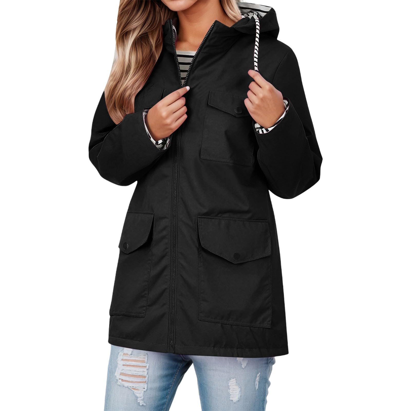 Genérico Impermeable Mujer,Chaqueta Impermeable Larga Y Ligera con Capucha Y Rayas Anorak Elegante para Cualquier Clima