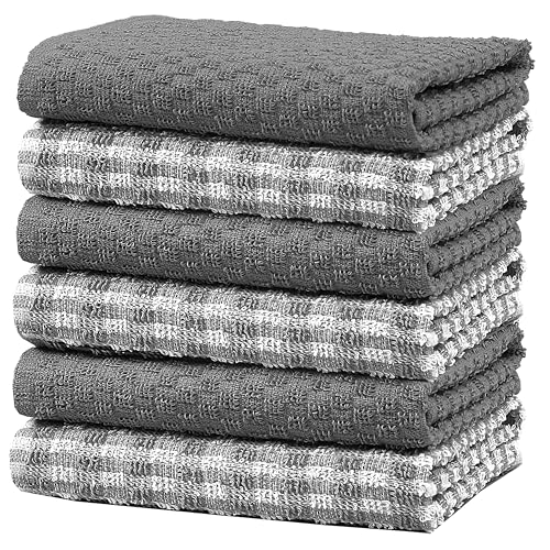 Olivia Rocco 100% Cotton Ascot Check Terry Tea Towels for Kitchen Pack of 6 Super Absorbent Dish Cloth Towel for Drying & Cleaning Household Essentials Grey- 6 PK