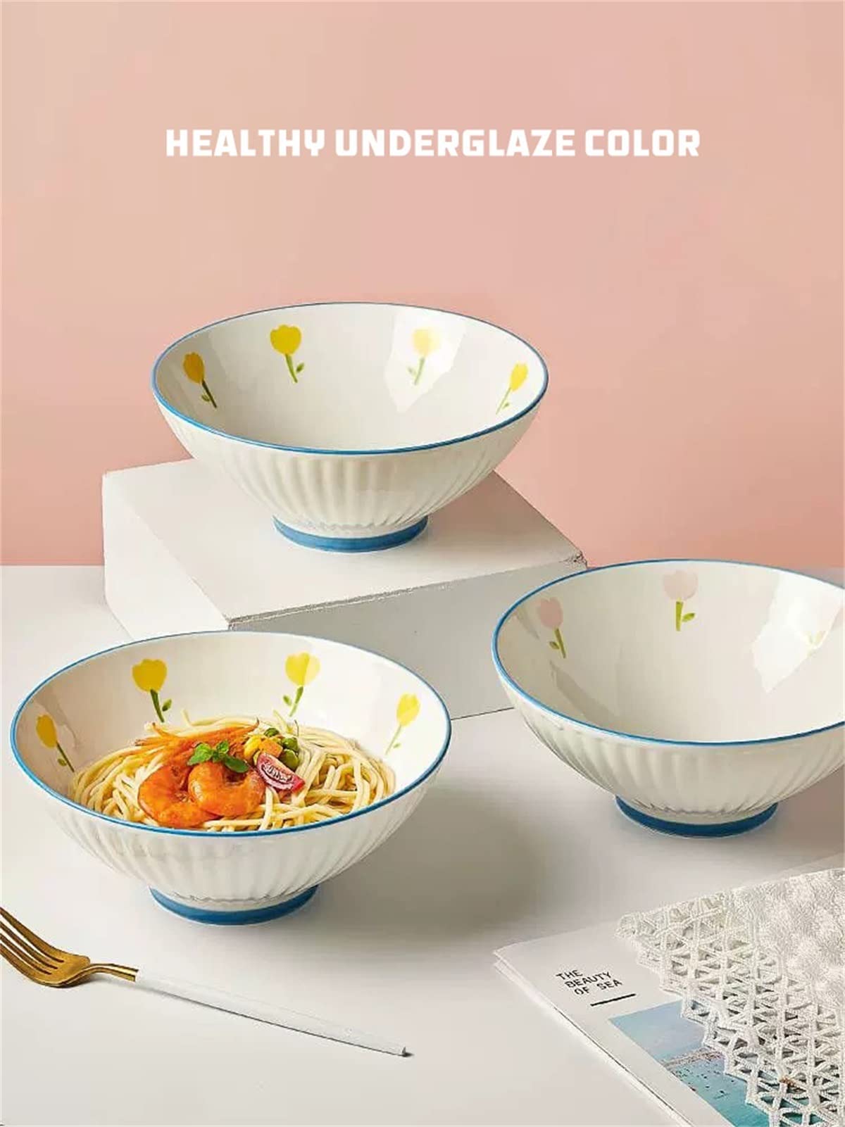 Meiiron 8 inches Large Salad Bowl Fruit Bowl, Decorative Bowl for Pasta Ramen Pho Soup Noodle Cereal, 44Oz Ceramic Serving Bowls for Kitchen, 1 Pc (Color : C)